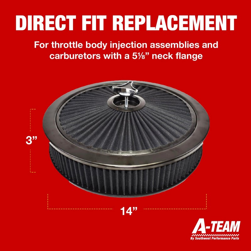 A-Team Performance High Flow Throttle Body Air Intake Filter - 14 in x 3 in, Round, Black - Carburetor Air Filter Kit - Washable & Reusable Design - Compatible with Chevrolet, GMC & Ford Models - Image 4